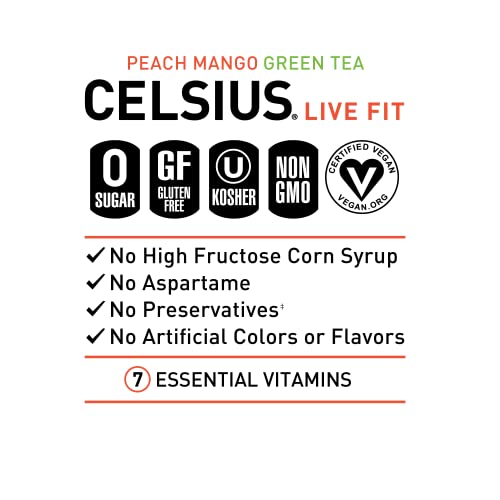 CELSIUS Peach Mango Green Tea, Functional Essential Energy Drink 12 Fl Oz (Pack of 12)
