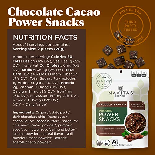 Navitas Organics Superfood Power Snacks, Chocolate Cacao, 8 oz. Bag, 11 Servings — Organic, Non-GMO, Gluten-Free
