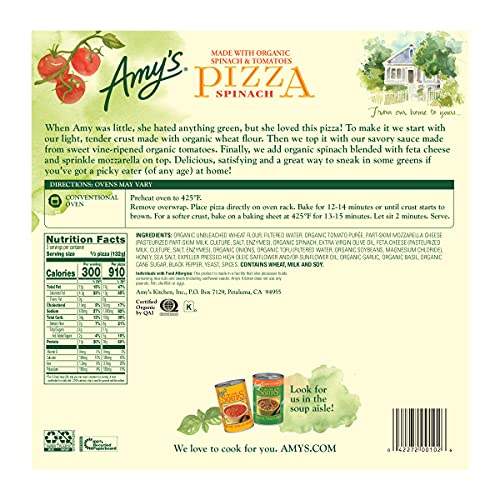 Amy's Frozen Spinach Pizza, Made with Feta, Mozzarella and Organic Tomatoes